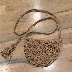 Raffia Tan Woven Crossbody Bag with Tassel